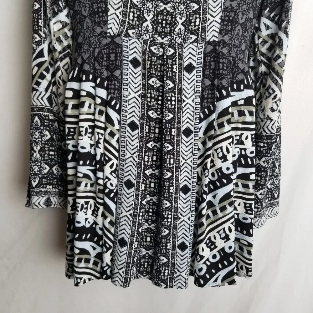 Free People Teagan Boho Tribal Print Mini Dress Bell Sleeves Black White Size S